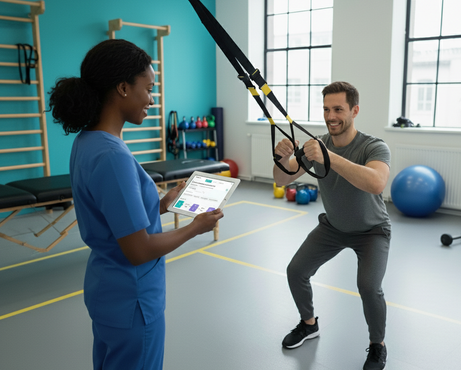 Kinésithérapeute utilisant une tablette avec un patient