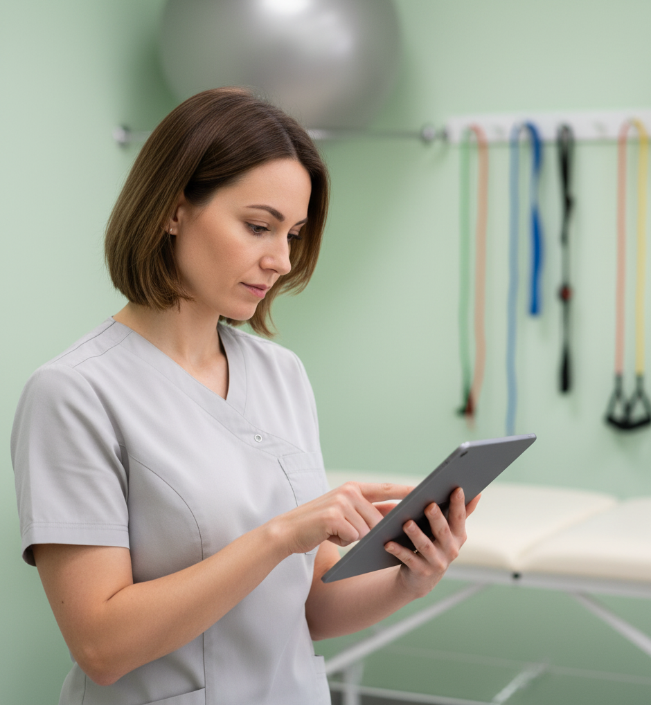 Kinésithérapeute utilisant une tablette pour son planning